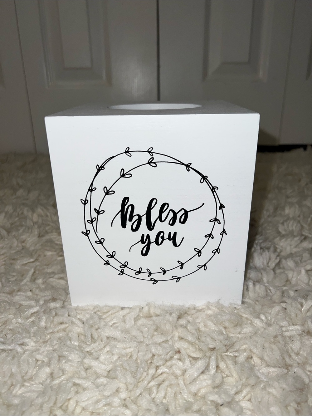 White Decorative Tissue Box Cover - "Bless You"